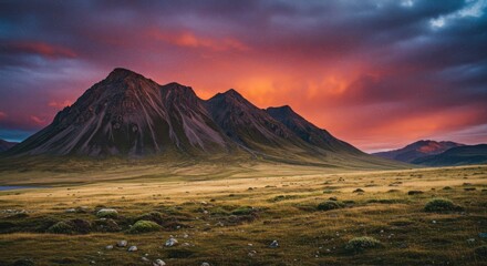 Dramatic mountain range bathed in a vibrant sunset, showcasing a vast, grassy plain and a colorful sky.