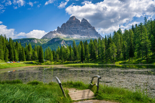 Lake Antorno reflecting Tre Cime di Lavaredo mountain peaks
