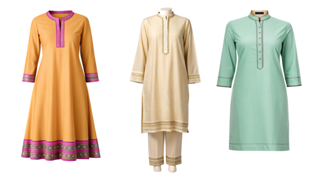 Traditional Ethnic Yellow Beige Green Long Kameez and Trouser Suit Set with Embroidery