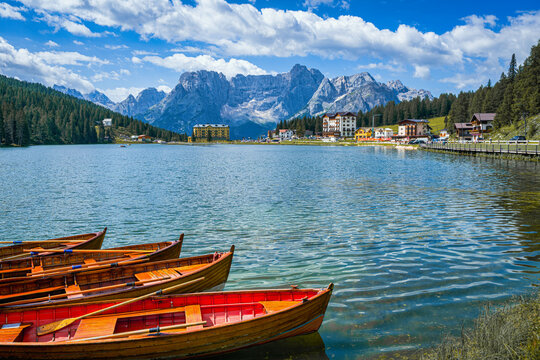 Rowboats on Lake Misurina in Dolomites mountains in Italy