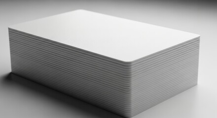 Features a clean, neatly stacked set of blank white cards with rounded corners, placed on a smooth, minimalistic surface. The lighting is soft, enhancing the subtle texture and thickness of each card 