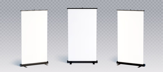 Blank roll up banner mockup displays with retractable stands for presentation and advertising materials. White vertical screens on transparent bg. Portable exhibition signage and trade show equipment. © klyaksun