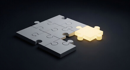 A partially completed puzzle with a glowing piece standing apart on a dark surface in a studio shot