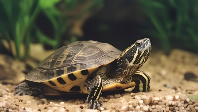 Realistic turtle with detailed shell and pebbles
