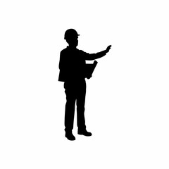 Architect explaining project to clients at construction site silhouette isolated on white background