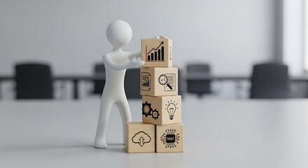 Stick figure stacking boxes with business icons in a bright office setting with blurred background