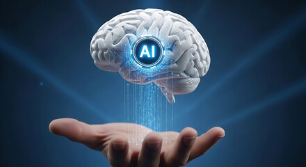 A human hand presenting a brain with an ai symbol and digital lines on a blue gradient background