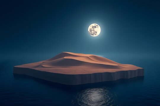 A floating desert island with glowing sand dunes under moonlight.