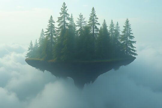 A floating forest with towering redwood trees breaking through the clouds.

