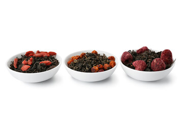 Bowls with different fruit tea on white background