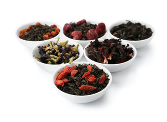Bowls with different fruit tea on white background