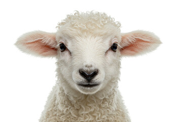 Adorable lamb face isolated on transparent background, close-up portrait of a cute baby sheep with fluffy wool and innocent eyes