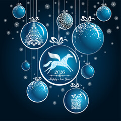 2026 Happy New Year! Christmas Greeting Card. Celebration dark background with Christmas tree, Christmas balls, git box, deer and place for your text. Ball with ribbon. Sale. vector Illustration 