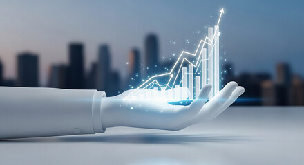 A hand holding a rising bar graph with an arrow pointing upward against a cityscape backdrop