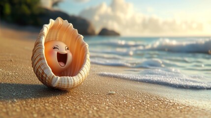 Obraz premium A joyful character peeks out from a seashell on a sandy beach, basking in the sunlight. This whimsical scene captures the essence of happiness by the ocean.