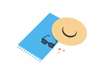 Beach Essentials Blue Towel Sunglasses and Sun Hat Illustration.