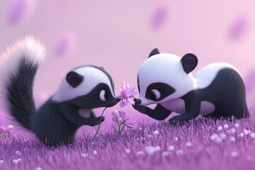 Naklejka premium A charming illustration of a raccoon and panda discovering a flower, set in a vibrant garden. This whimsical scene captures joy and friendship in nature.