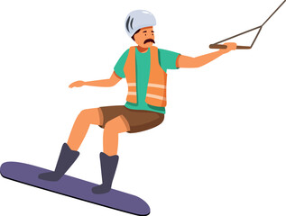 Obraz premium Wakeboarder wearing helmet and life jacket practicing wakeboarding holding a handle