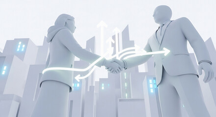 Business handshake with glowing arrows in a futuristic city all in white color scheme illustration