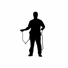 Silhouette of an electrician connecting power cables on site isolated on white background