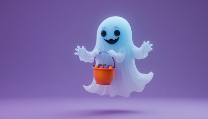 Obraz premium Adorable ghost holding a bucket full of candies on a purple background