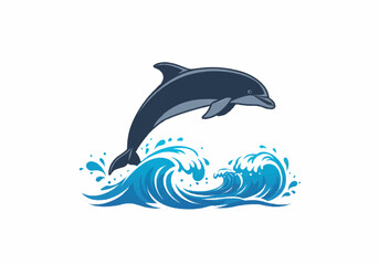Cartoon Dolphin Leaping Over Ocean Waves in Blue and Gray.
