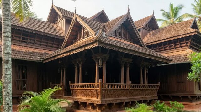 Traditional kerala architecture showcases intricate woodwork and tiled roofing video Generative AI