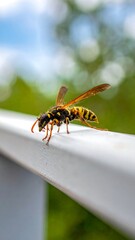 Close-up shot of a wasp on a white rail, with out-of-focus background