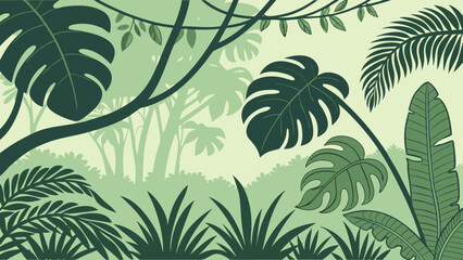 Illustration of a lush, green jungle scene with various tropical plants and trees in different shades of green.