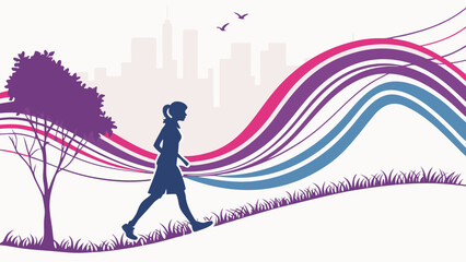 Naklejka premium Silhouette of a woman walking on a hill with a cityscape and abstract waves in the background.