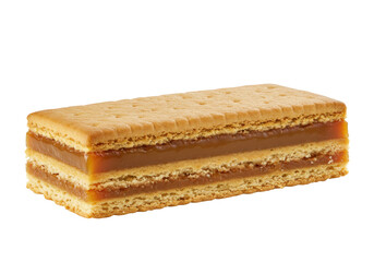 Delicious alfajor cookie isolated, a traditional Argentine confection with dulce de leche filling on a plain background