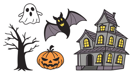 A collection of Halloween-themed illustrations, featuring a haunted house, bat, ghost, pumpkin, and bare tree.