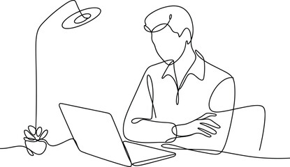 Man working on laptop, office desk illustration, continuous line art, remote work concept, modern workplace drawing, minimalist business design, creativity scene