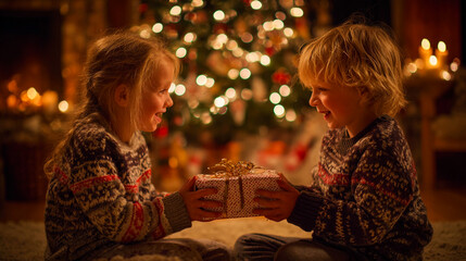Siblings Sharing Christmas Gifts by a Festive Tree