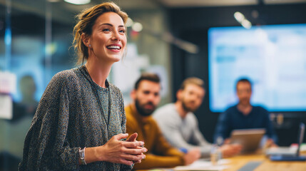 Confident Businesswoman Leading a Team Meeting in Modern Office