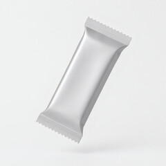 Floating silver foil snack bar wrapper isolated on clean background, blank packaging mockup for protein bar, chocolate, or candy branding, minimal metallic design, modern style, high resolution