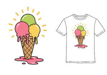 Colorful Melting Ice Cream Cone with Three Scoops and Radiant Sunburst.
