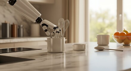 Robot Hand with Cooking Utensil in Bright Kitchen