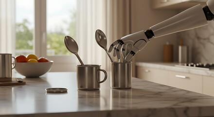 Robot Hand Takes Spoon From Mug in Kitchen