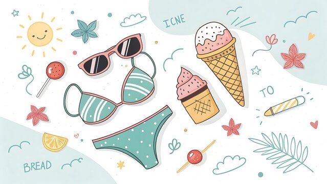 Summer beachwear and treats including bikini, sunglasses, ice cream, and sun, isolated on white background
