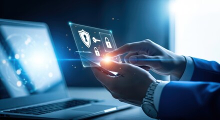 Person using a futuristic holographic interface with security icons like lock and shield on a tablet