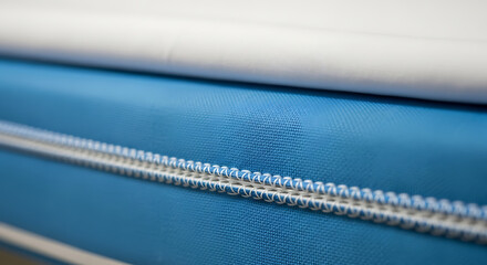 Close-up of a blue fabric with a white zipper detail.
