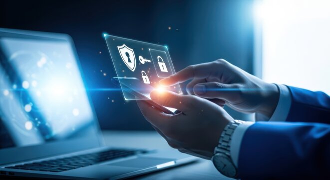 Person using a futuristic holographic interface with security icons like lock and shield on a tablet