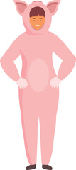 Promoter wearing funny full body pig costume standing with hands on hips and smiling