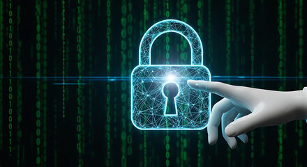 A digital lock with a hand touching it against a green matrix style background with binary code