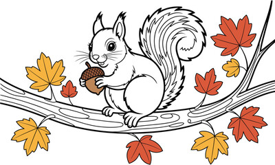Obraz premium Cartoon squirrel sitting on a tree branch holding an acorn with colorful autumn maple leaves fall