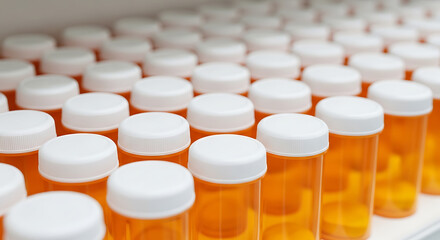 Rows of orange prescription medicine bottles with white caps in a pharmacy.