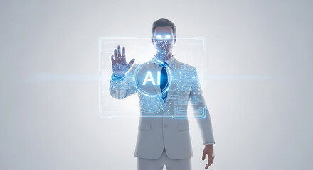 Man in white suit with glowing eyes and ai symbol on chest raising hand in futuristic interface