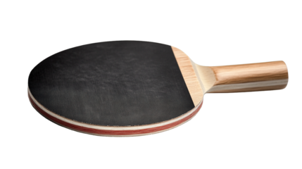 Professional table tennis racket with black rubber surface and a layered wooden handle isolated on black isolate