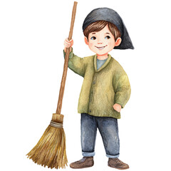 a boy holding a broom and smiling